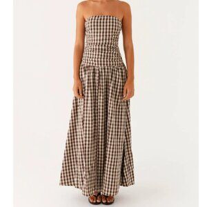 Peppermayo Carmel Strapless Maxi Dress, Brown Gingham
